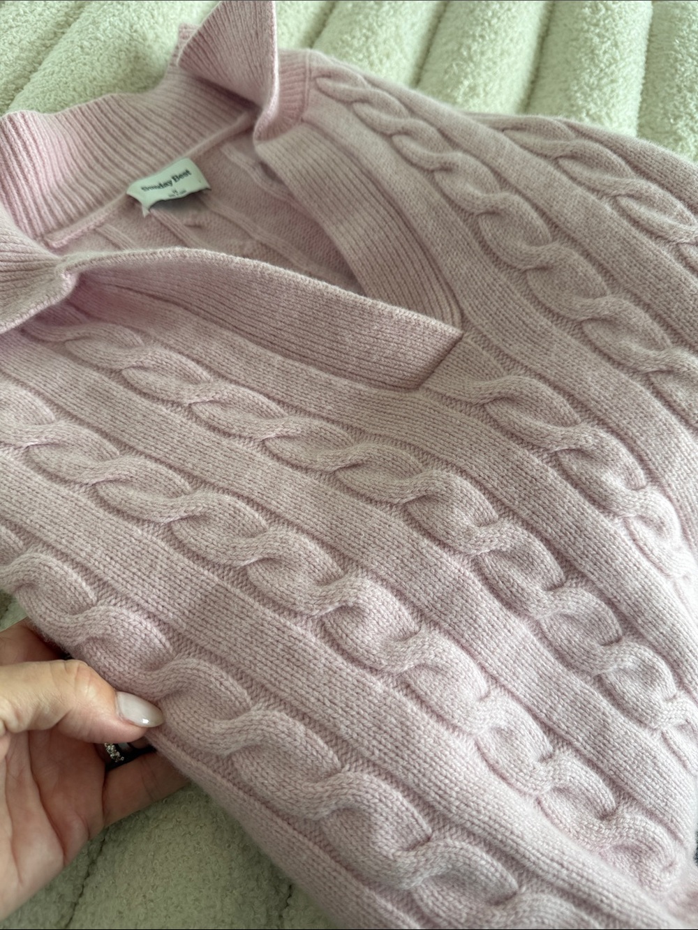 Sunday Best Pale Pink Cable-Knit V-Neck Collared Sweater - Picture 3 of 3